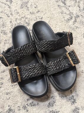 RAYE Black Braided Double-Strap Slide Sandals with Gold Buckles
